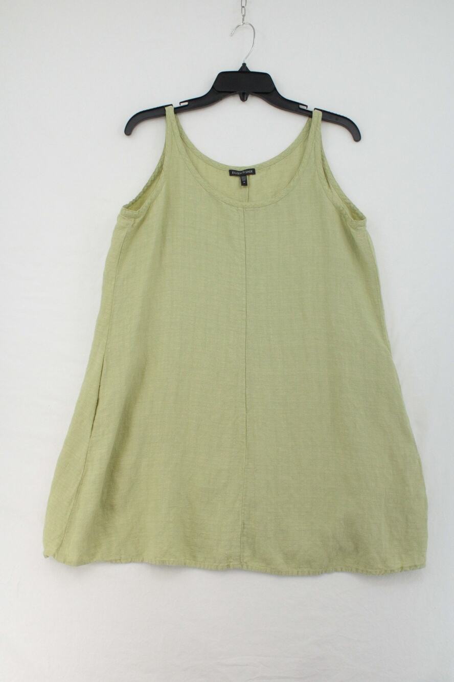 Eileen Fisher Long Tunic Top Tank Green M Linen Blend Pockets Closet Staple